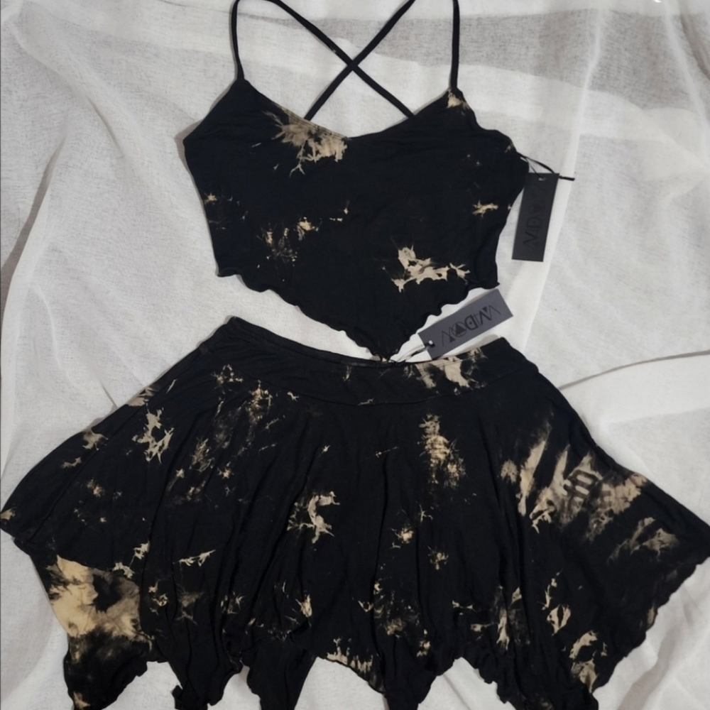 Dollskill Widow Gothic Witchy Asymmetrical Tie Dye Halter Top & Mini Skirt Set